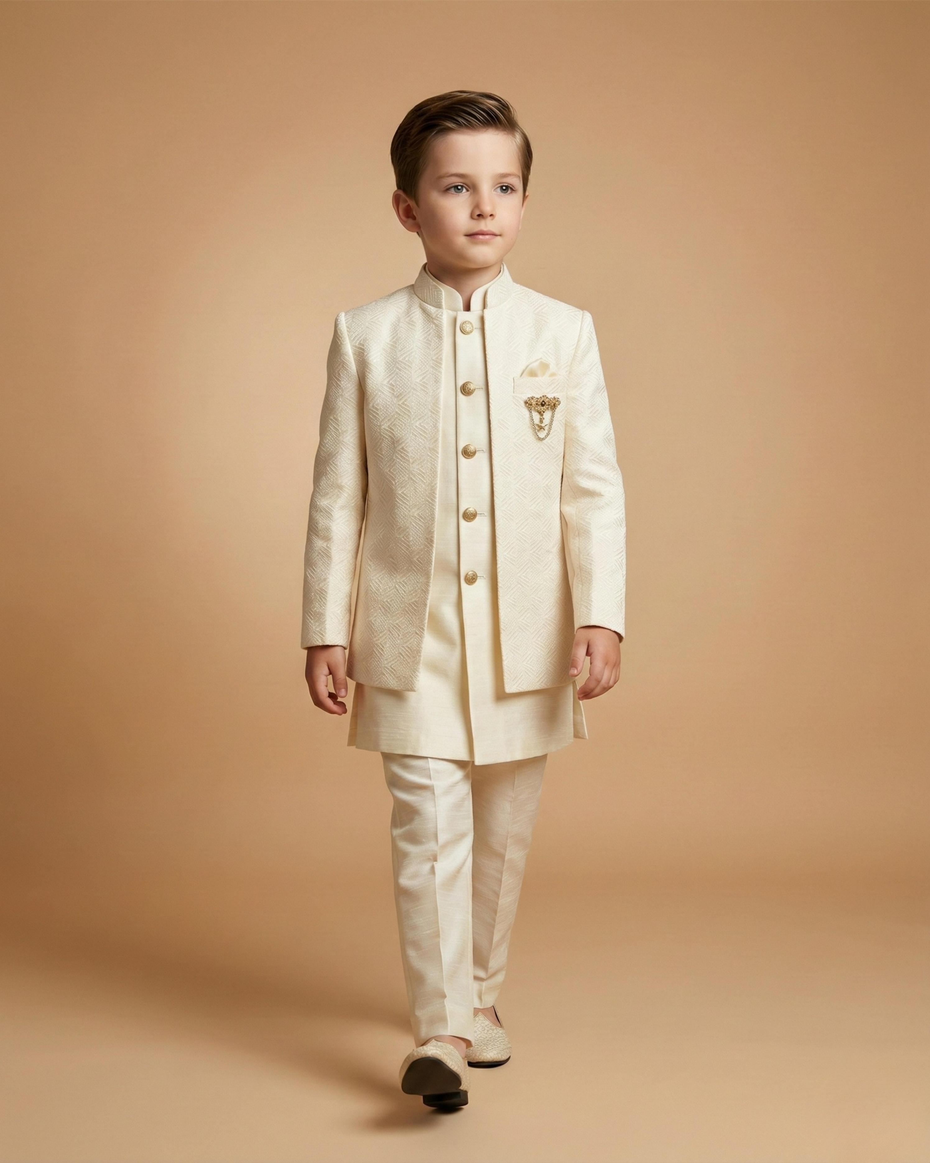 Kid's Indo Western Fawn – Velvet Embroidery Front Open Indo Jacket & Pant