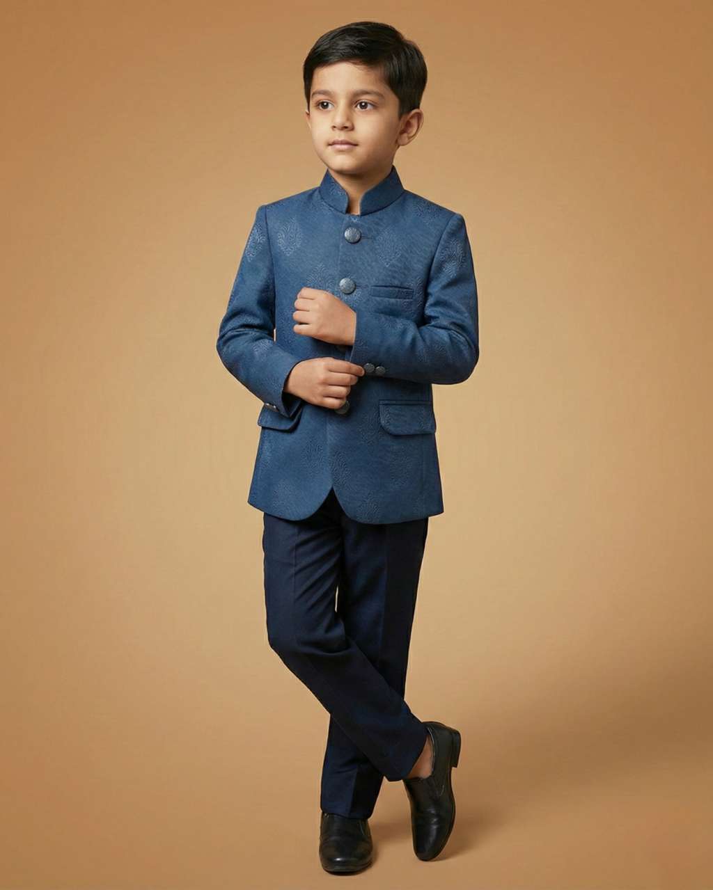 Kid's Jodhpuri Suit Teal Blue – Japanese Self Print Straight Suit & Pant