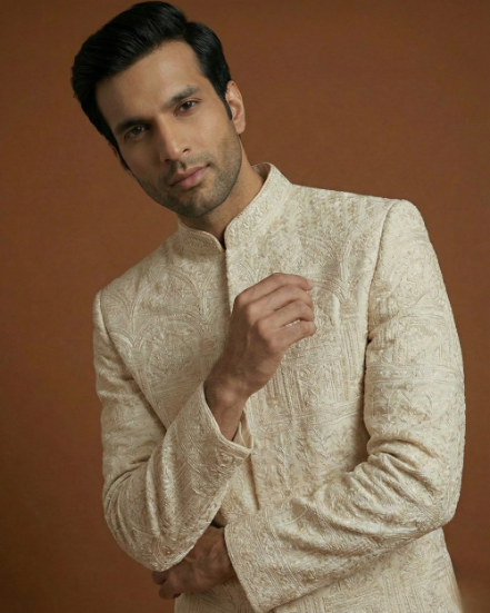 Premium Cream Peach Sherwani with Collar Button Work