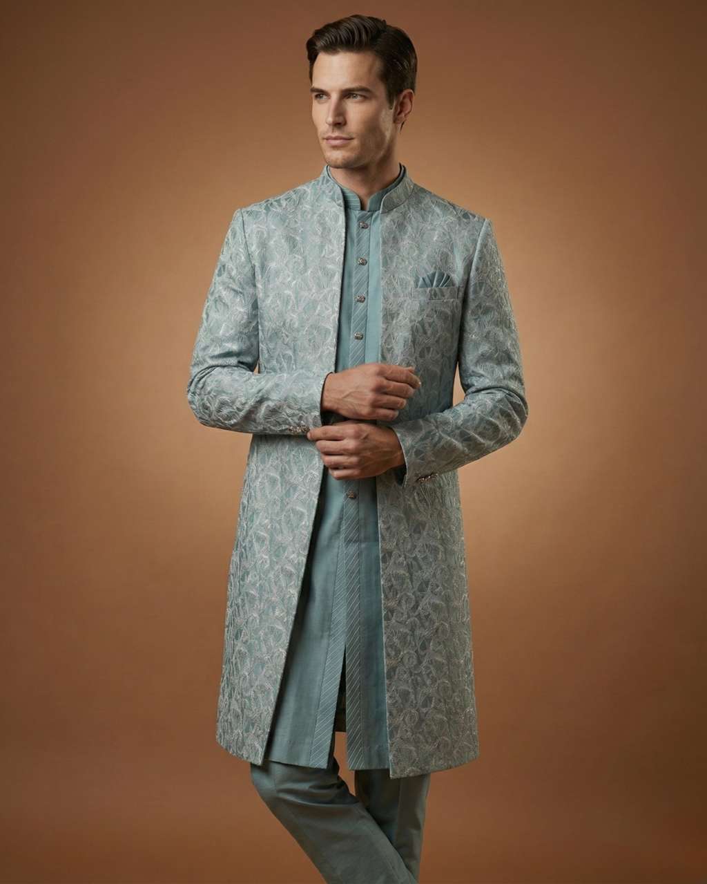 Sea Green Collar Style Indo Western