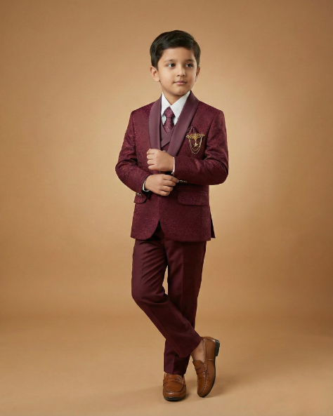Kid's Suit Maroon – Japanese Self Print Tuxedo Blazer, Waistcoat, Shirt, Tie & Pant
