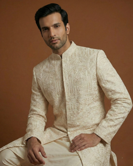 Premium Cream Peach Sherwani with Collar Button Work