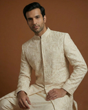 Premium Cream Peach Sherwani with Collar Button Work