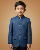 Kid's Jodhpuri Suit Teal Blue – Japanese Self Print Straight Suit & Pant