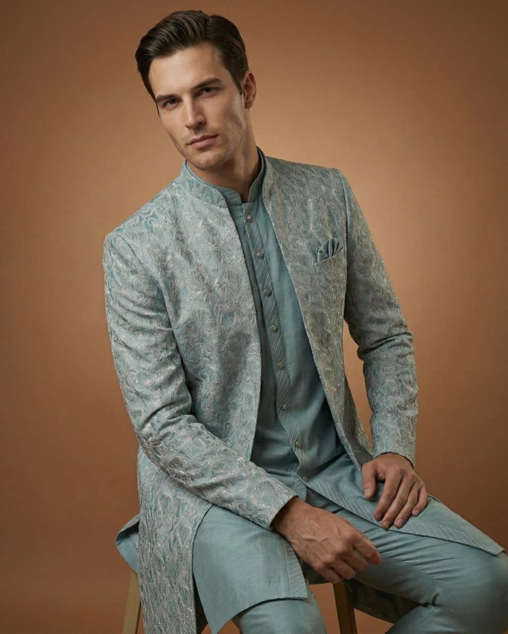 Sea Green Collar Style Indo Western