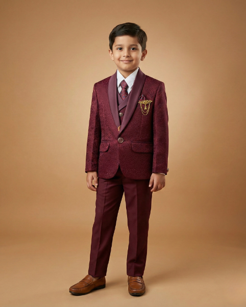 Kid's Suit Maroon – Japanese Self Print Tuxedo Blazer, Waistcoat, Shirt, Tie & Pant