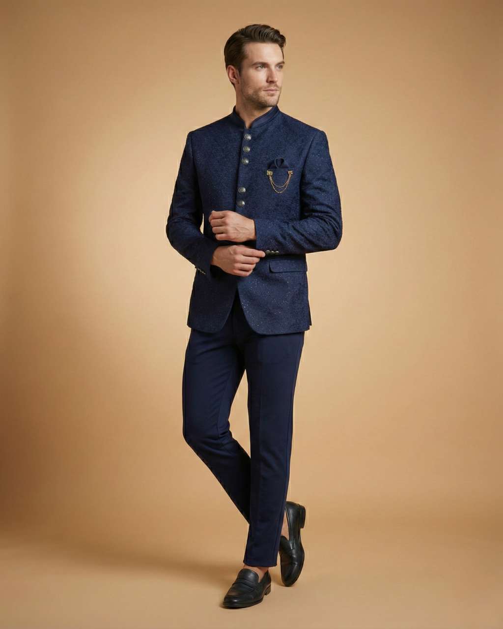 Navy Blue Machine Embroidery Jodhpuri Suit
