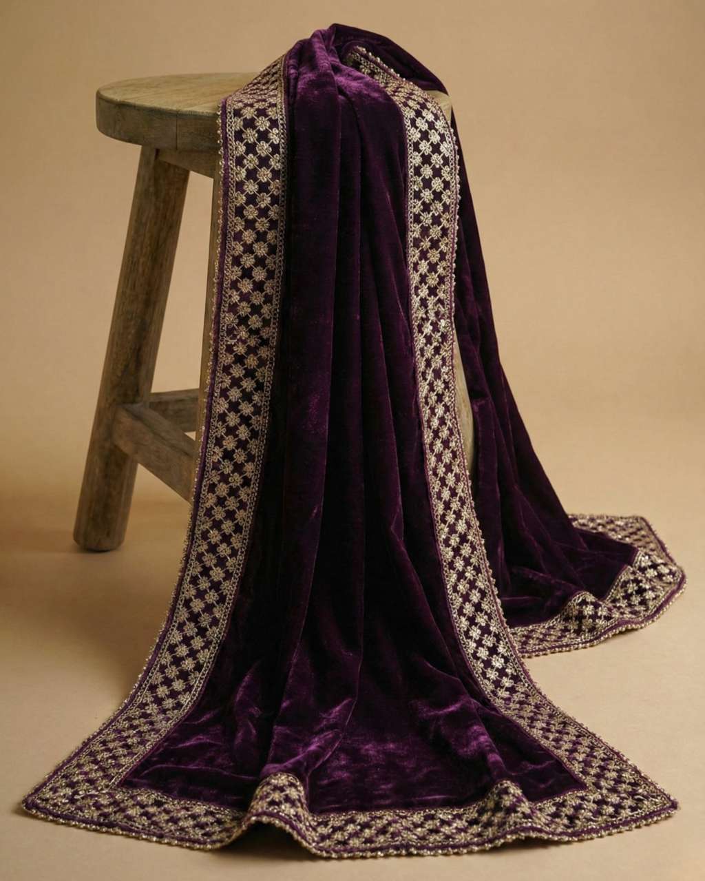Wine Velvet Dupatta with Zari Border
