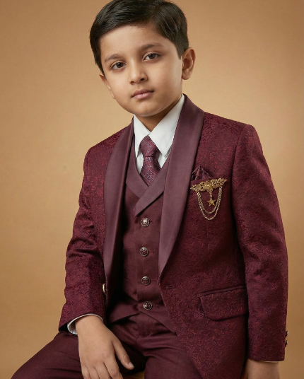 Kid's Suit Maroon – Japanese Self Print Tuxedo Blazer, Waistcoat, Shirt, Tie & Pant