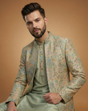 Semi Indo Pista – Machine Embroidery Printed Front Open Indo, Kurta & Pant
