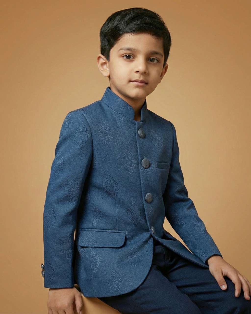 Kid's Jodhpuri Suit Teal Blue – Japanese Self Print Straight Suit & Pant