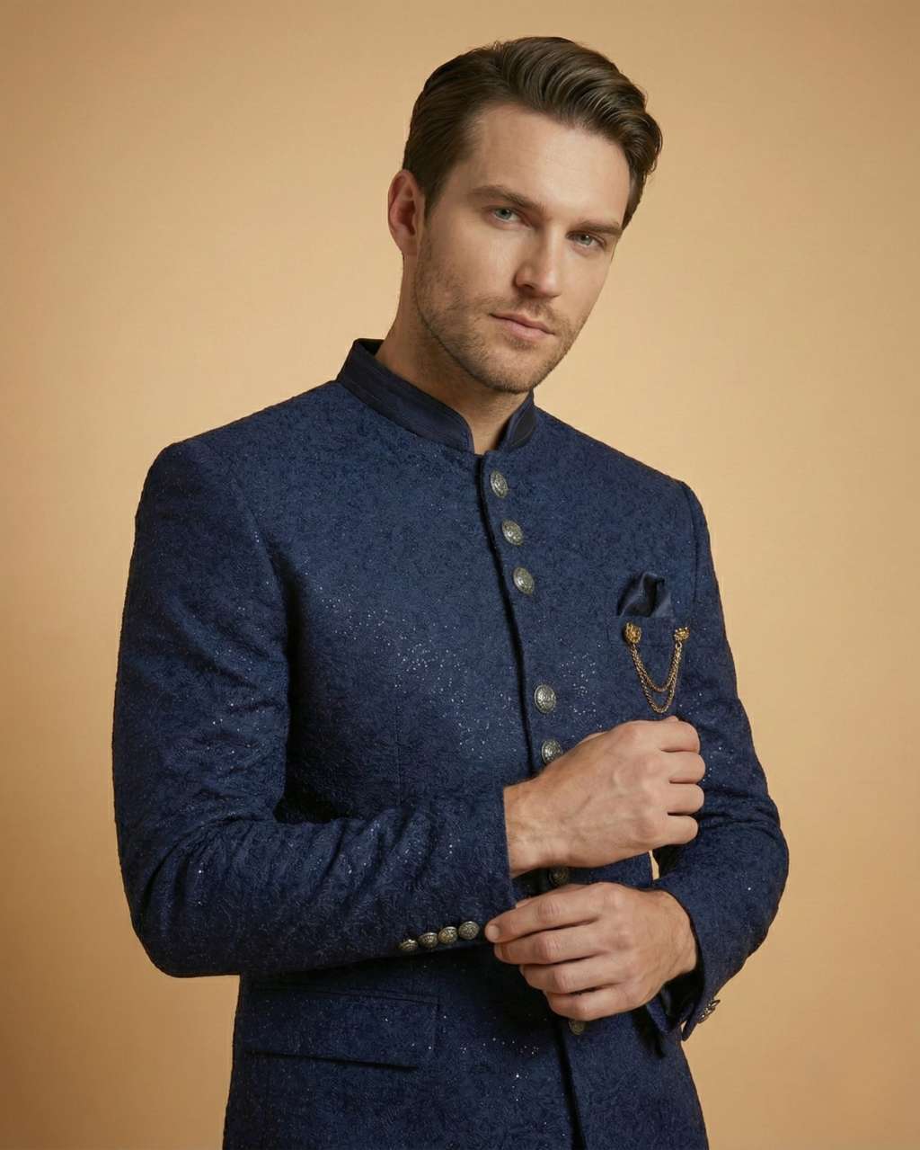 Navy Blue Machine Embroidery Jodhpuri Suit