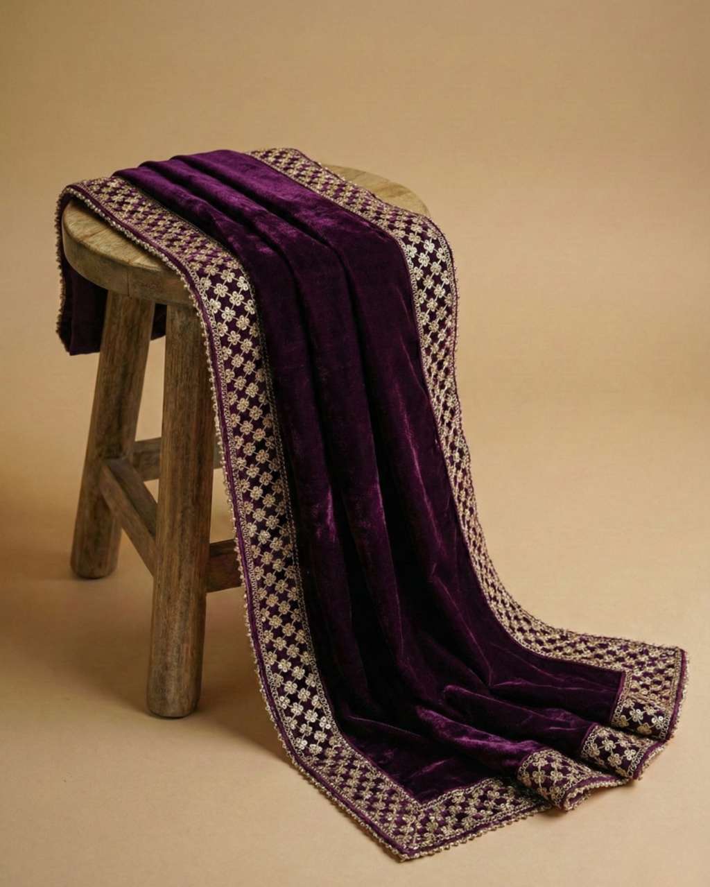 Wine Velvet Dupatta with Zari Border