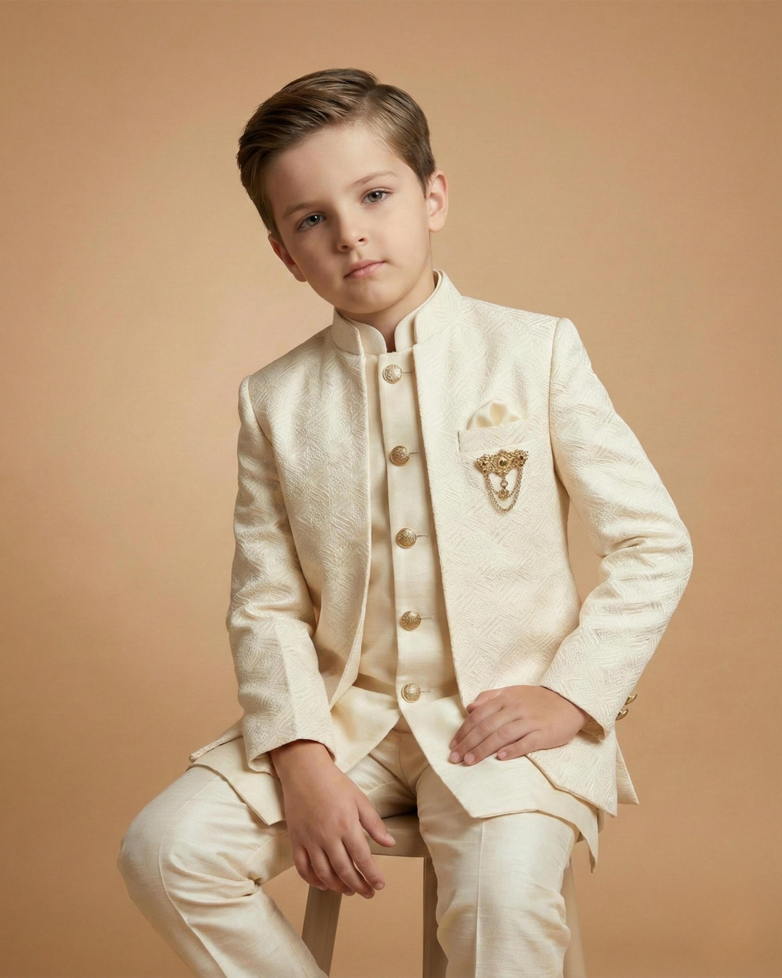 Kid's Indo Western Fawn – Velvet Embroidery Front Open Indo Jacket & Pant