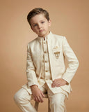 Kid's Indo Western Fawn – Velvet Embroidery Front Open Indo Jacket & Pant