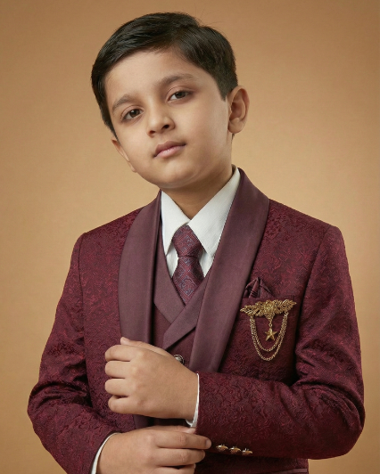 Kid's Suit Maroon – Japanese Self Print Tuxedo Blazer, Waistcoat, Shirt, Tie & Pant