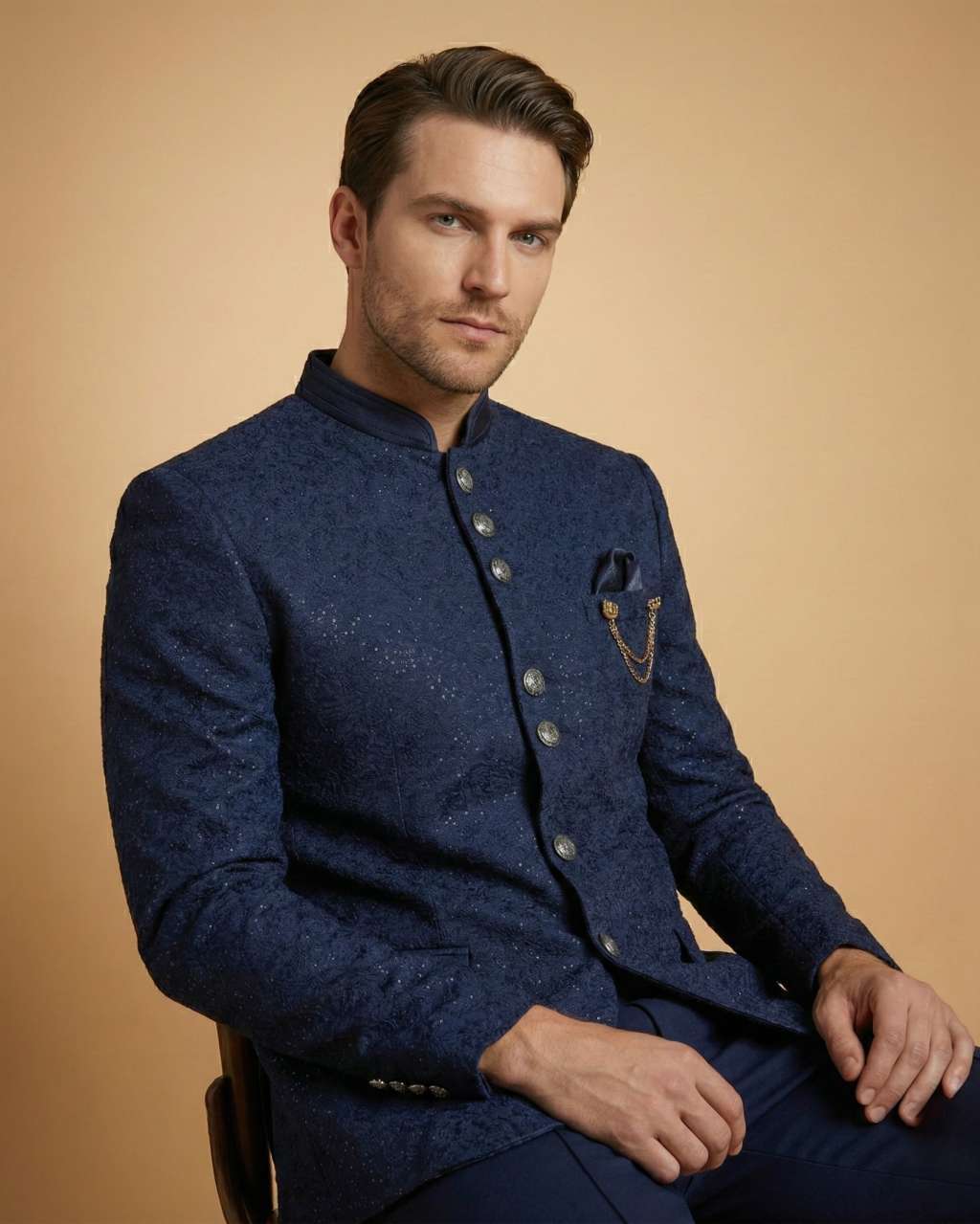 Navy Blue Machine Embroidery Jodhpuri Suit