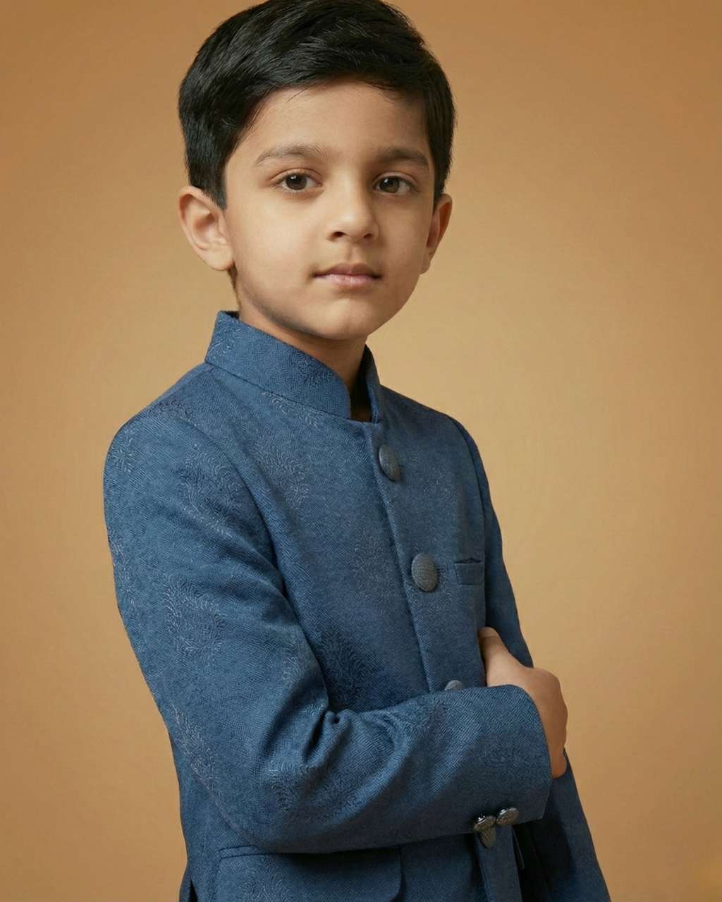 Kid's Jodhpuri Suit Teal Blue – Japanese Self Print Straight Suit & Pant
