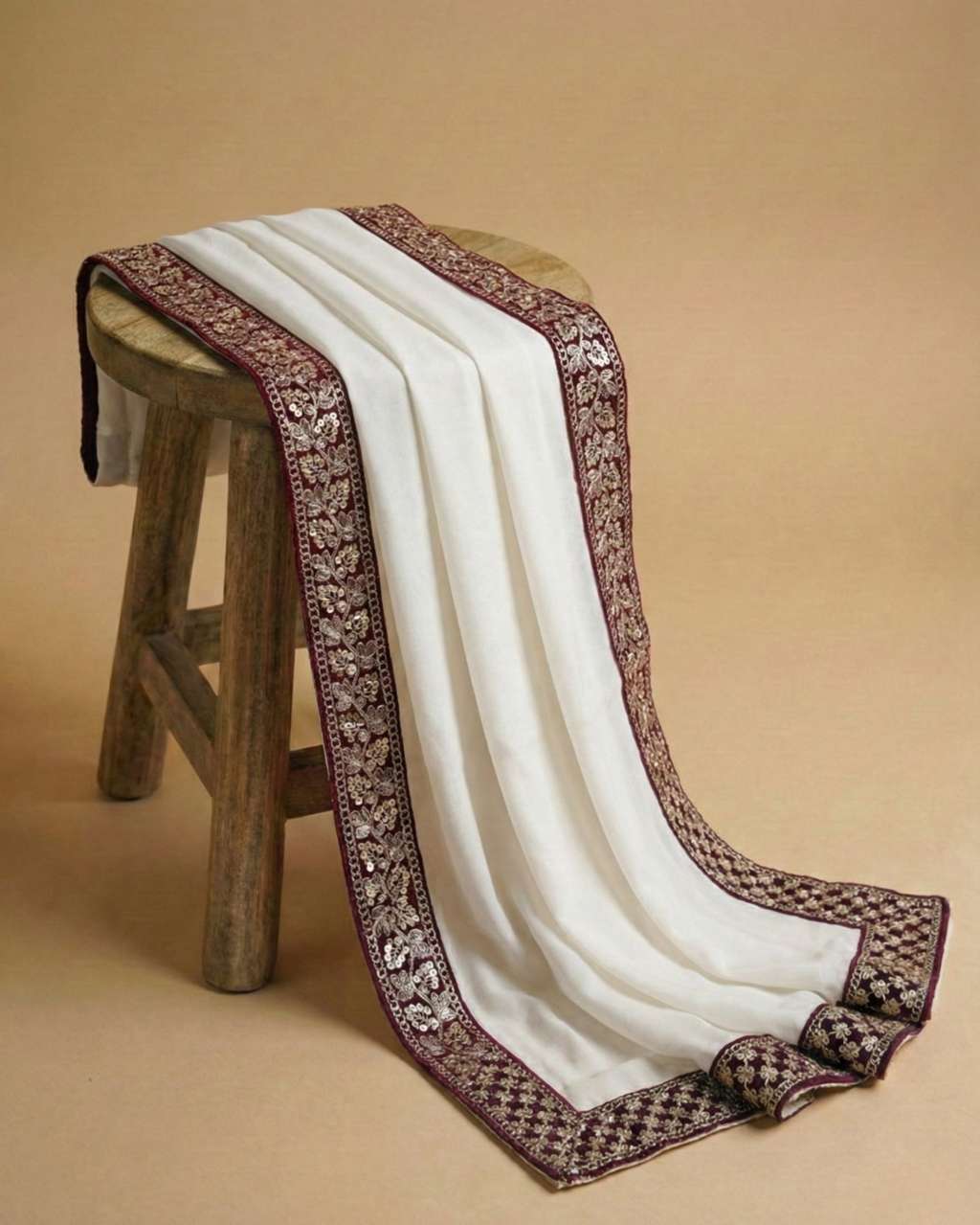 Cream Jaquard Dupatta with Zari Border
