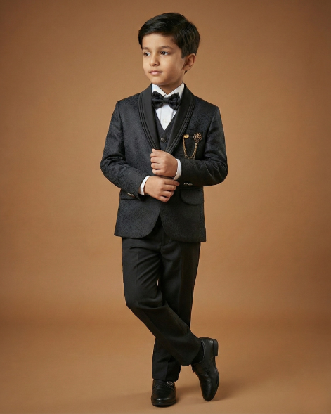 Kid's Suit Black – Japanese Self Print Tuxedo Blazer, Waistcoat, Shirt, Bow Tie & Pant