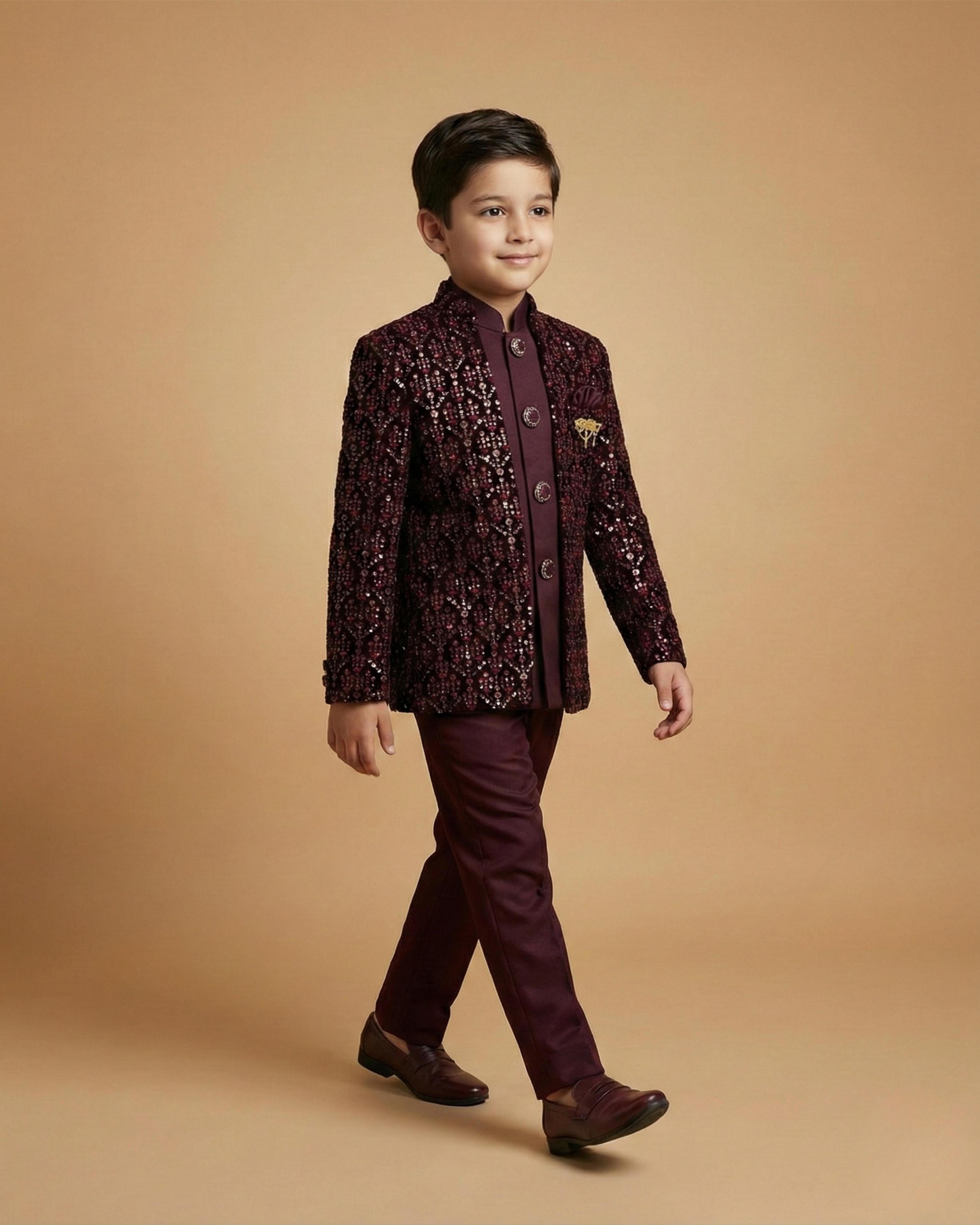 Kid's Indo Western Wine – Velvet Embroidery Front Open Indo Jacket & Pant