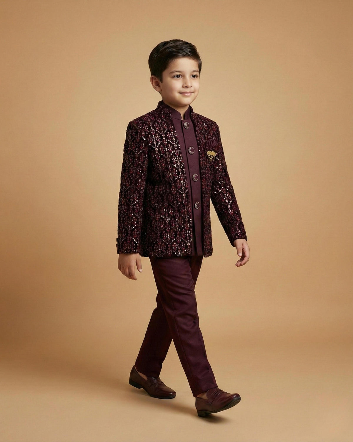 Kid's Indo Western Wine – Velvet Embroidery Front Open Indo Jacket & Pant