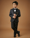 Kid's Suit Black – Japanese Self Print Tuxedo Blazer, Waistcoat, Shirt, Bow Tie & Pant