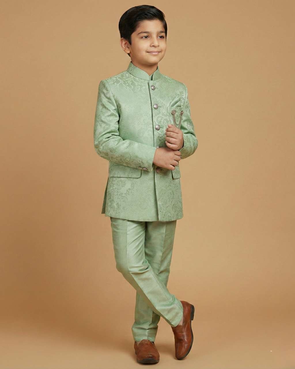 Kid's Jodhpuri Suit Pista – Jacquard Self Print Straight Suit & Pant