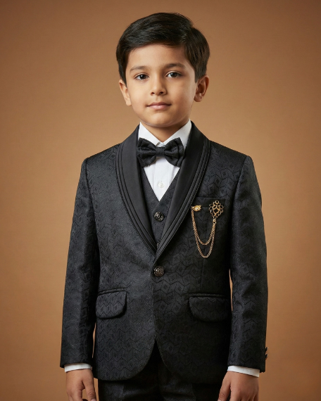 Kid's Suit Black – Japanese Self Print Tuxedo Blazer, Waistcoat, Shirt, Bow Tie & Pant
