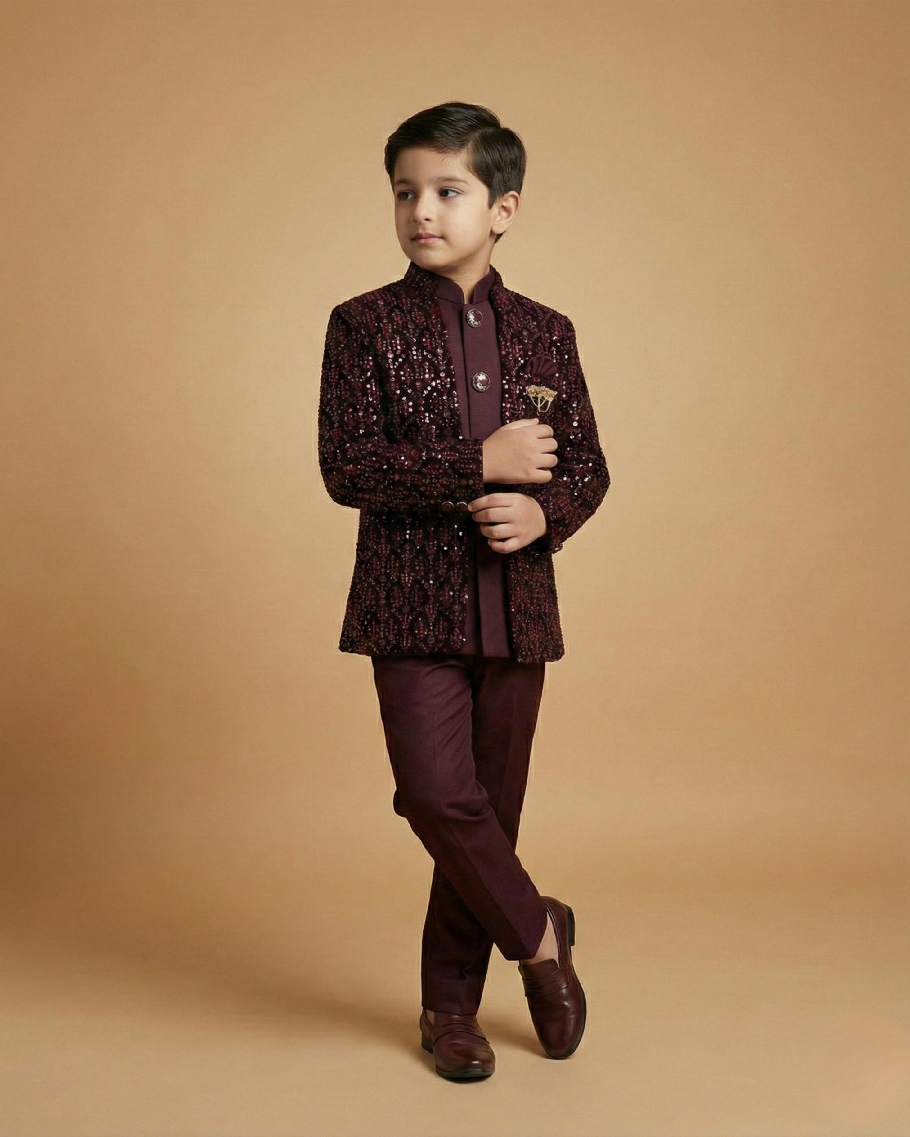 Kid's Indo Western Wine – Velvet Embroidery Front Open Indo Jacket & Pant