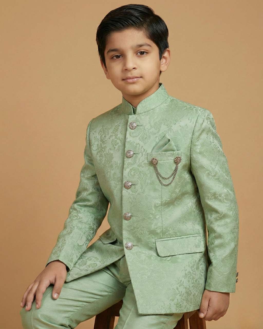 Kid's Jodhpuri Suit Pista – Jacquard Self Print Straight Suit & Pant