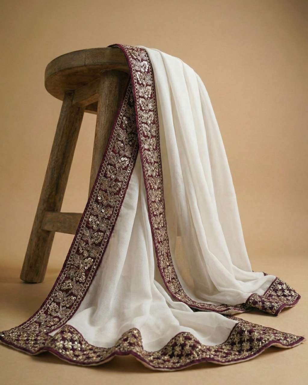 Cream Jaquard Dupatta with Zari Border