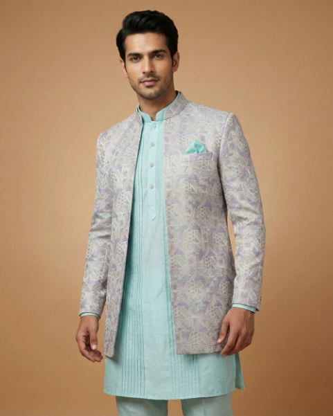 Semi Indo Sea Green – Jacquard Self Print Front Open Indo, Kurta & Pant