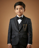 Kid's Suit Black – Japanese Self Print Tuxedo Blazer, Waistcoat, Shirt, Bow Tie & Pant