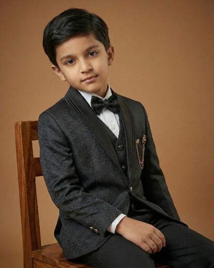 Kid's Suit Black – Japanese Self Print Tuxedo Blazer, Waistcoat, Shirt, Bow Tie & Pant