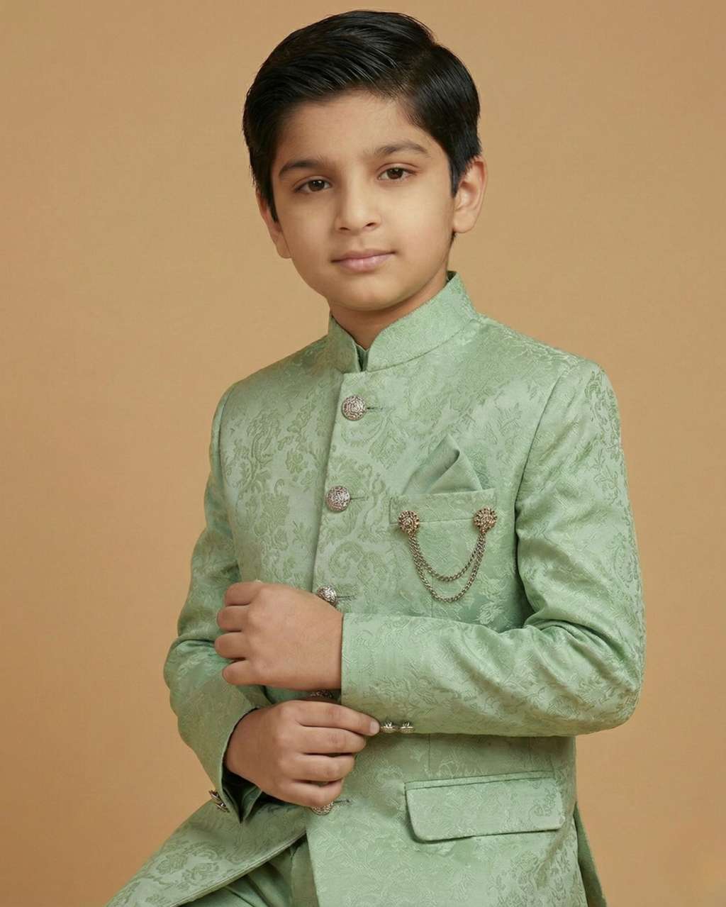 Kid's Jodhpuri Suit Pista – Jacquard Self Print Straight Suit & Pant