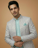 Semi Indo Sea Green – Jacquard Self Print Front Open Indo, Kurta & Pant