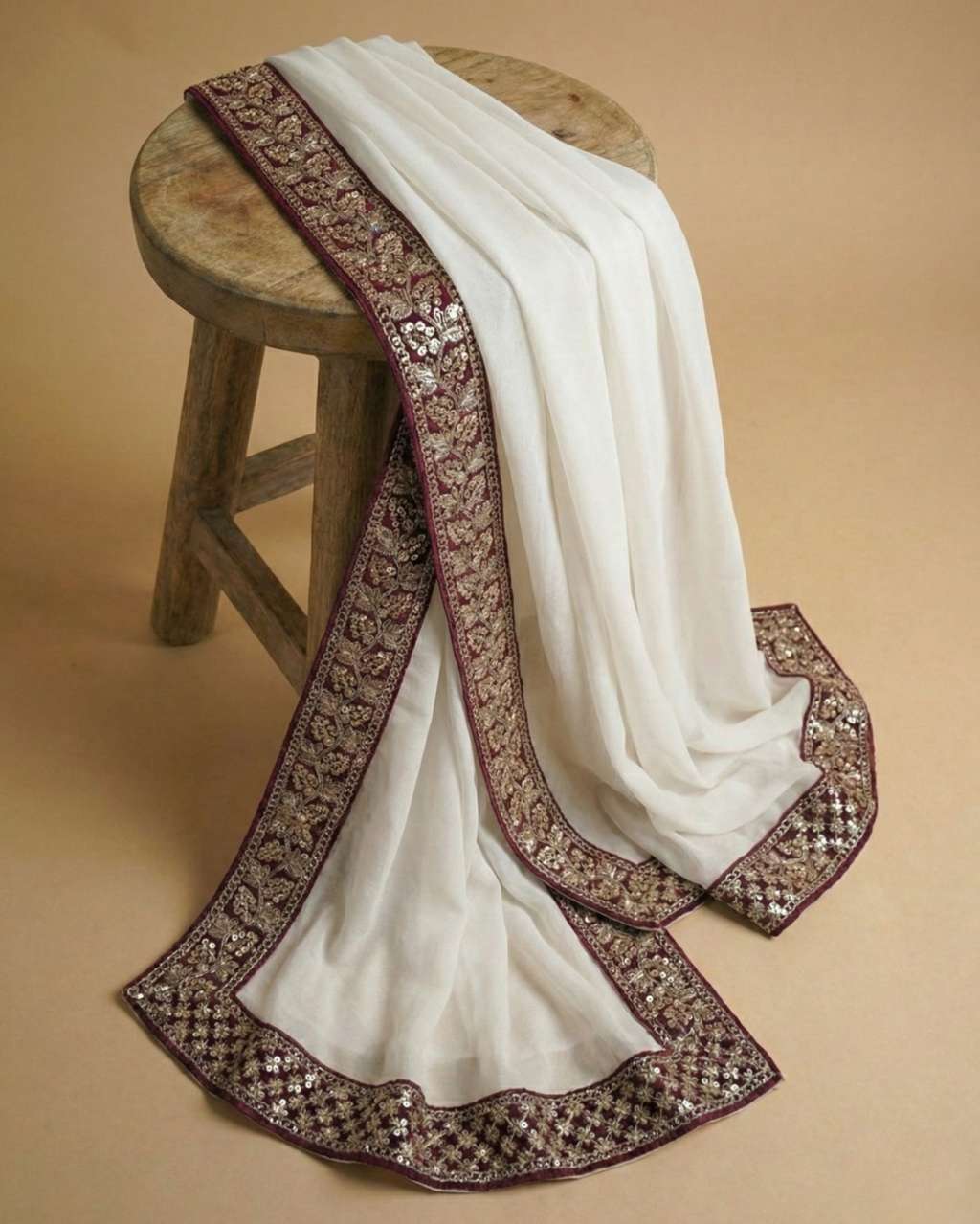 Cream Jaquard Dupatta with Zari Border