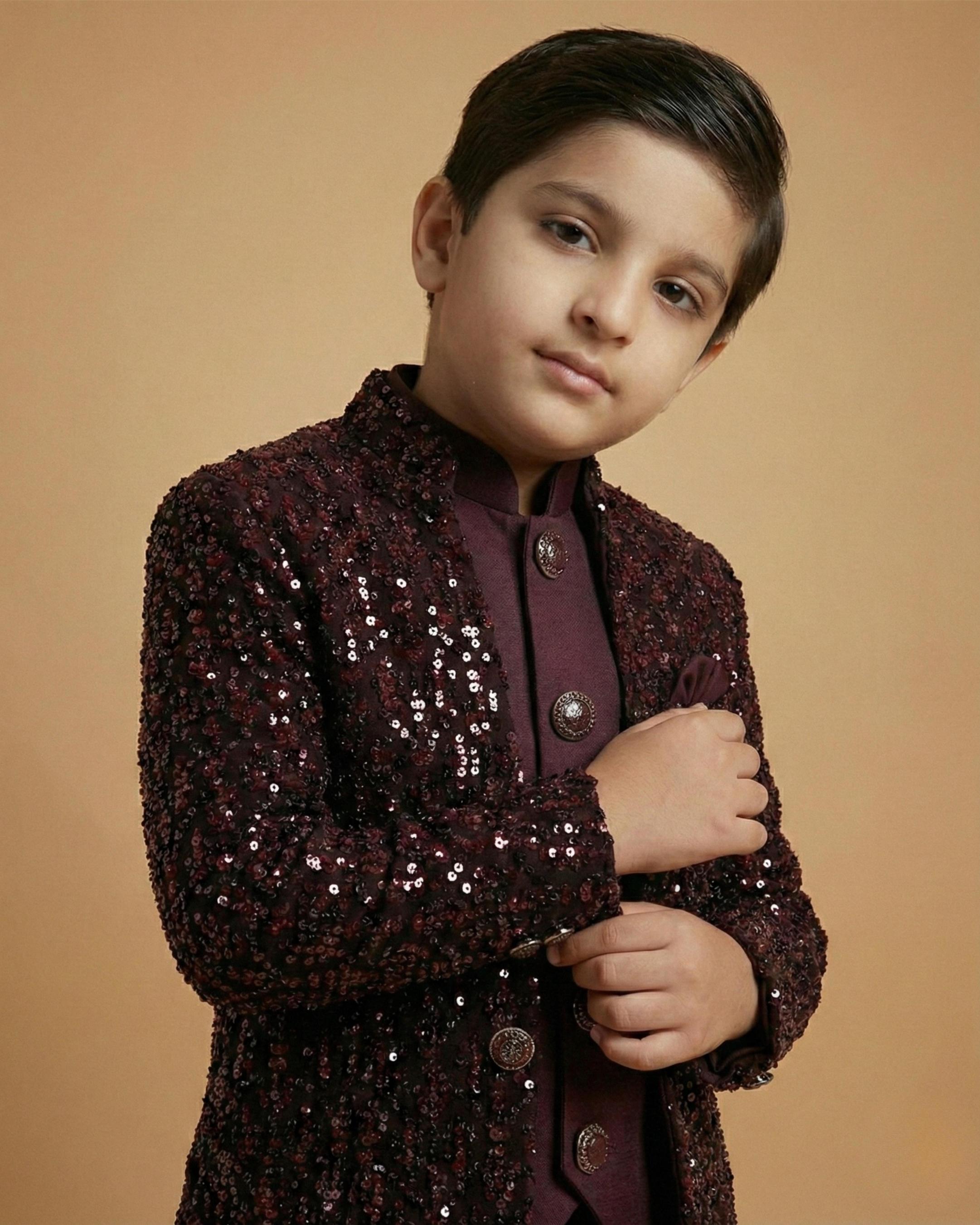 Kid's Indo Western Wine – Velvet Embroidery Front Open Indo Jacket & Pant