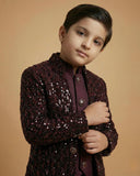 Kid's Indo Western Wine – Velvet Embroidery Front Open Indo Jacket & Pant