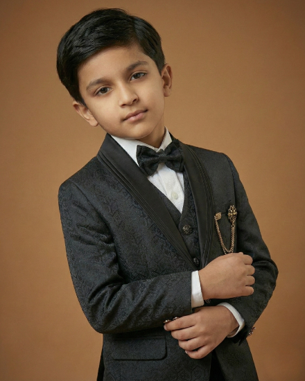 Kid's Suit Black – Japanese Self Print Tuxedo Blazer, Waistcoat, Shirt, Bow Tie & Pant