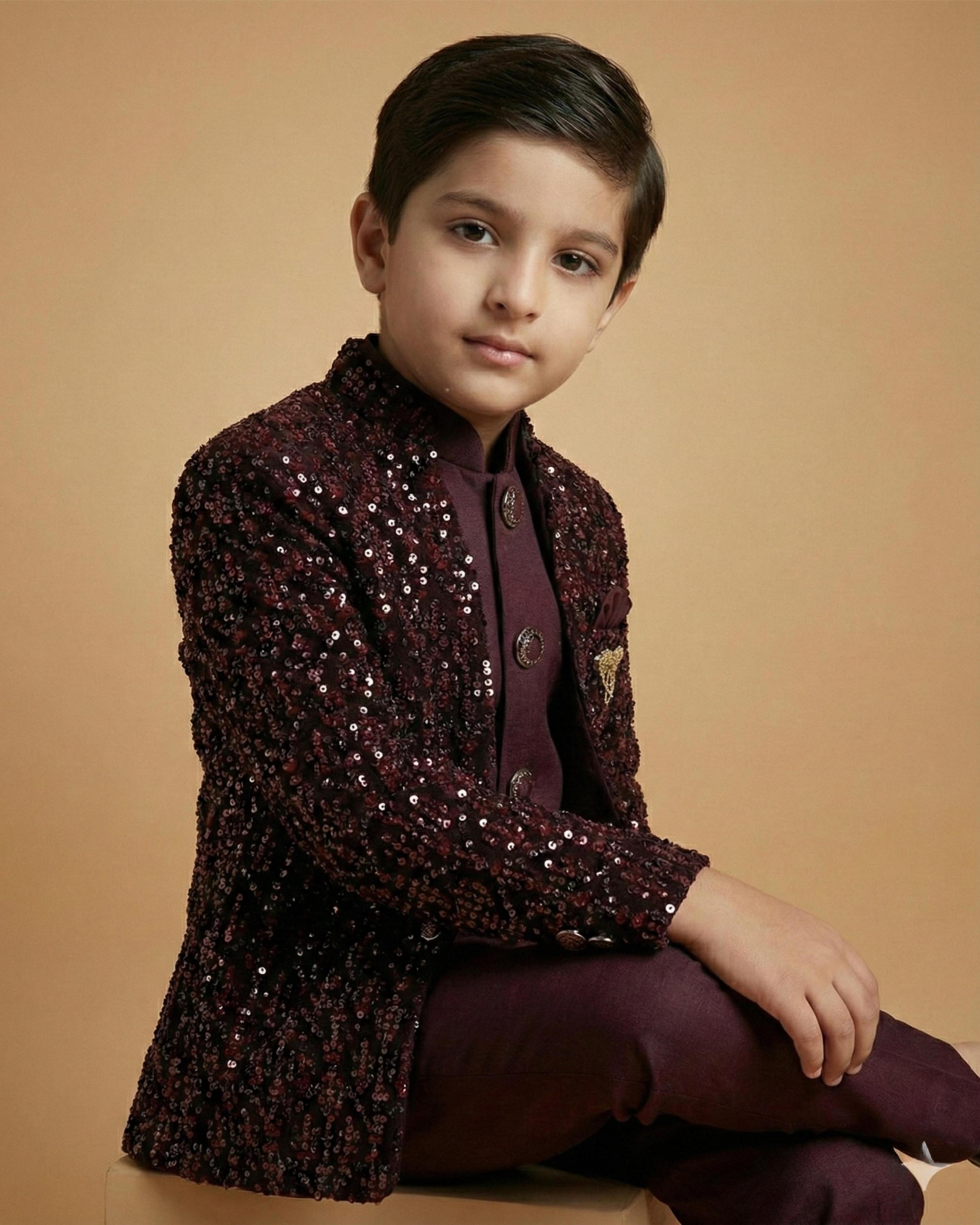 Kid's Indo Western Wine – Velvet Embroidery Front Open Indo Jacket & Pant