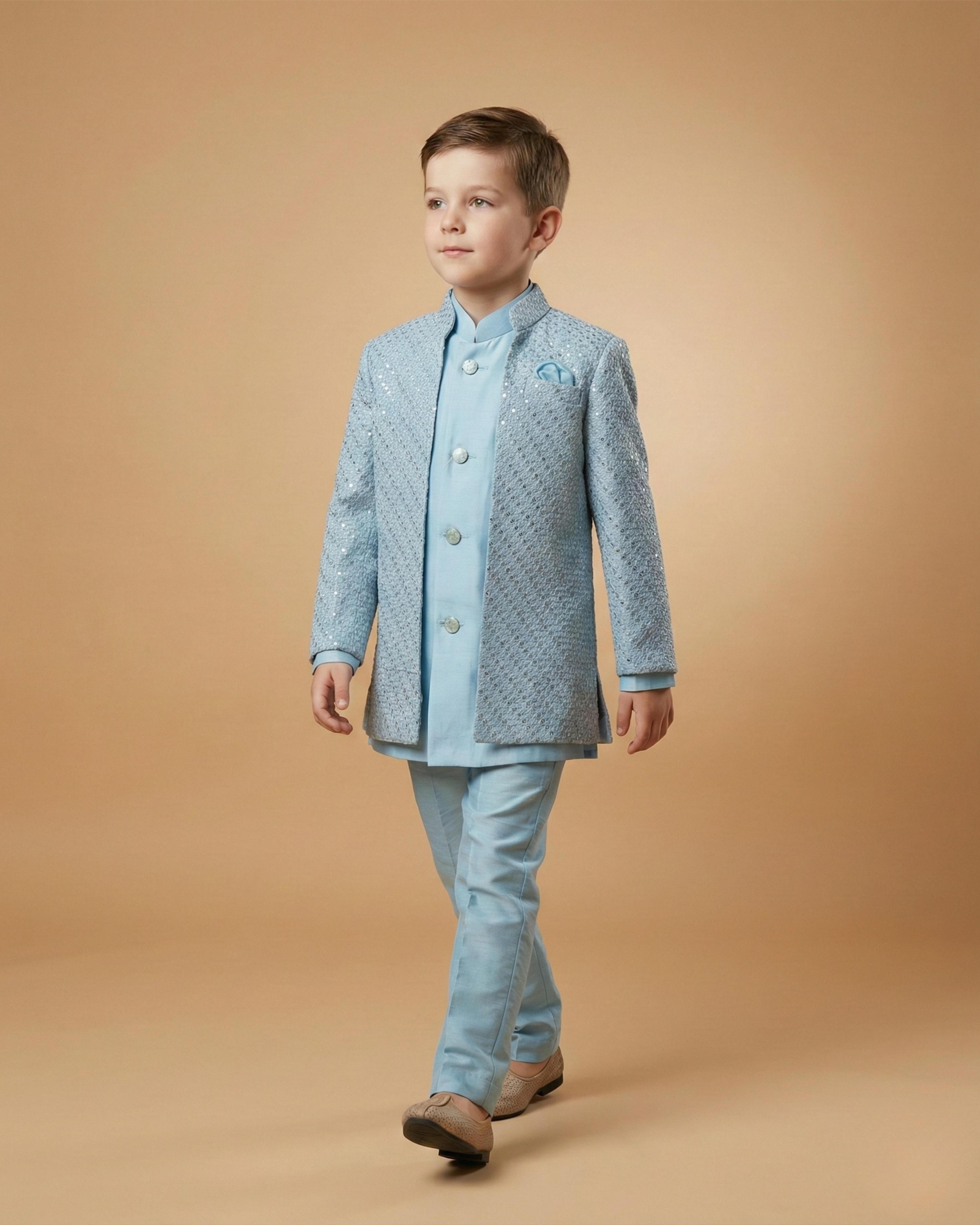 Kid's Indo Western Sky Blue – Machine Embroidery Front Open Indo Jacket & Pant