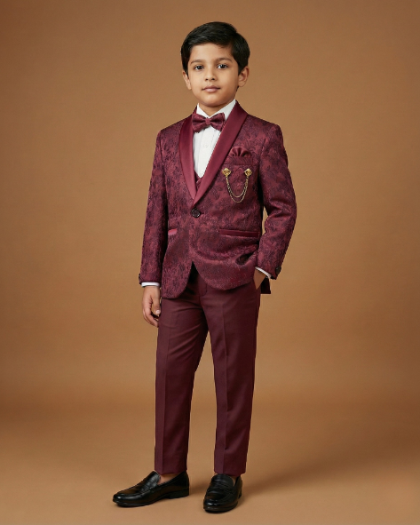 Kid's Suit Maroon – Japanese Self Print Tuxedo Blazer, Waistcoat, Shirt, Bow Tie & Pant