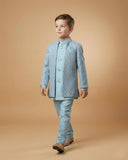 Kid's Indo Western Sky Blue – Machine Embroidery Front Open Indo Jacket & Pant