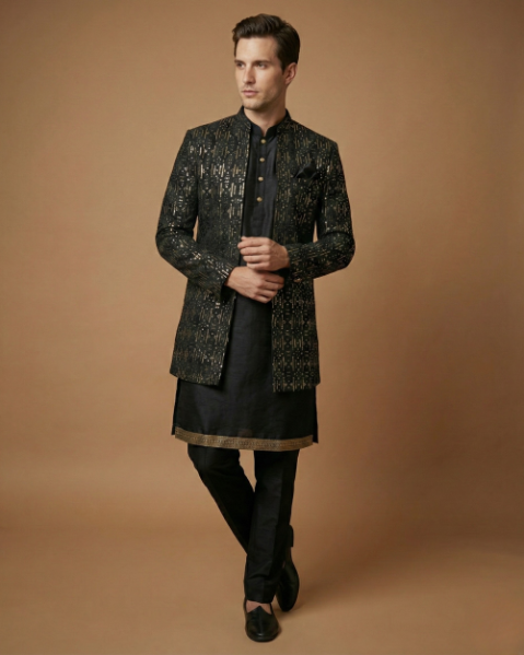 Semi Indo Black – Machine Embroidery Plain Front Open Indo, Kurta & Pant