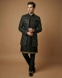 Semi Indo Black – Machine Embroidery Plain Front Open Indo, Kurta & Pant