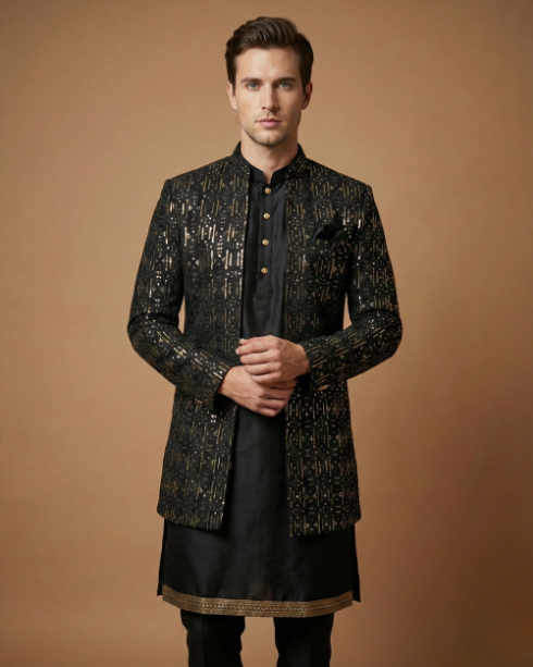 Semi Indo Black – Machine Embroidery Plain Front Open Indo, Kurta & Pant