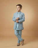 Kid's Indo Western Sky Blue – Machine Embroidery Front Open Indo Jacket & Pant