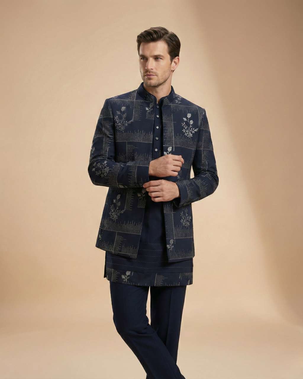 Black Jacquard Plain Jodhpuri Suit